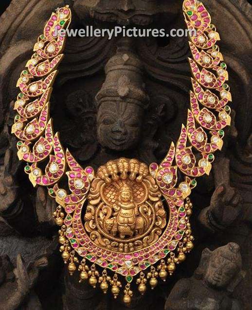 antique gold long necklace designs with rubies in temple jewellery