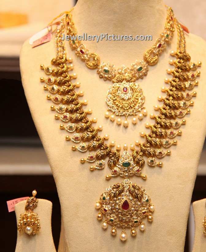 gold jewellery design necklace and haram with uncuts