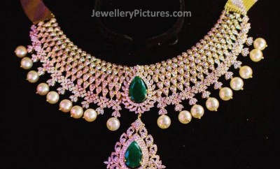 indian diamond jewellery necklace with big emeralds