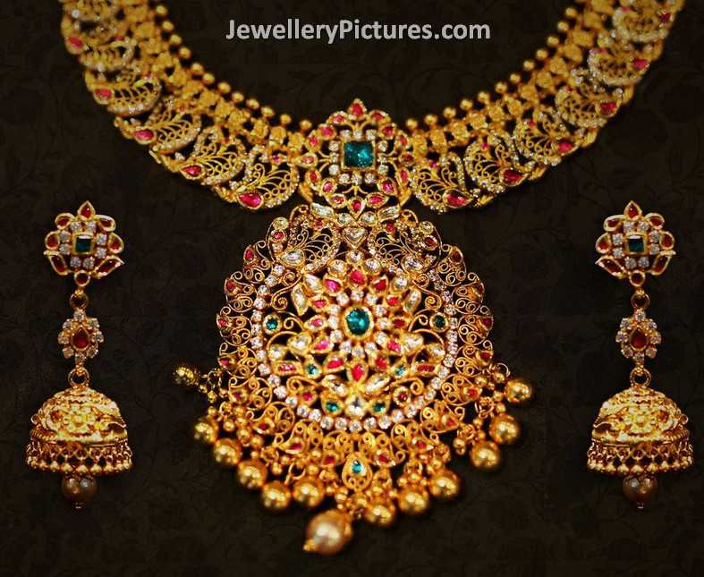 latest indian jewellery designs gold necklace and jhumka