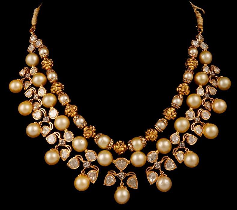 Polki Diamonds necklace with Double Cut Diamonds and South-sea Pearls