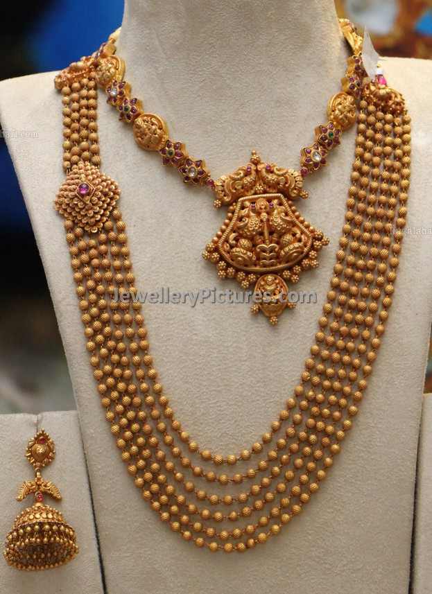 south indian antique gold jewellery designs gundla mala and necklace with earrings