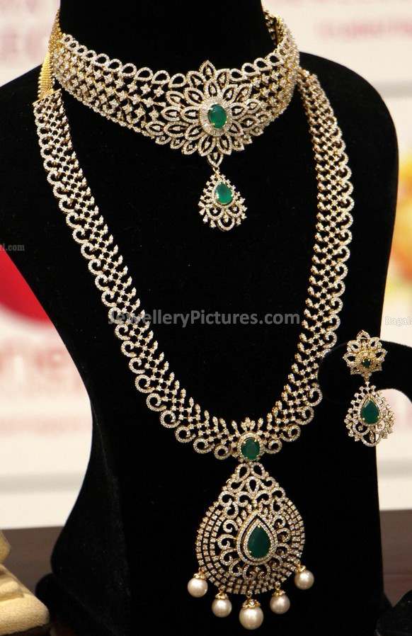 indian diamond jewellery designs necklace and long chain with earrings