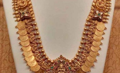 long kasu mala designs with ruby antique pendant