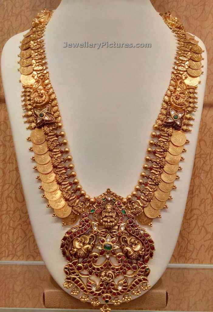 long kasu mala designs with ruby antique pendant