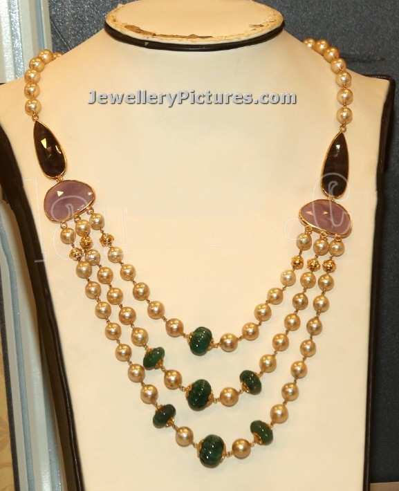 three step latest pearl gold jewellery designs