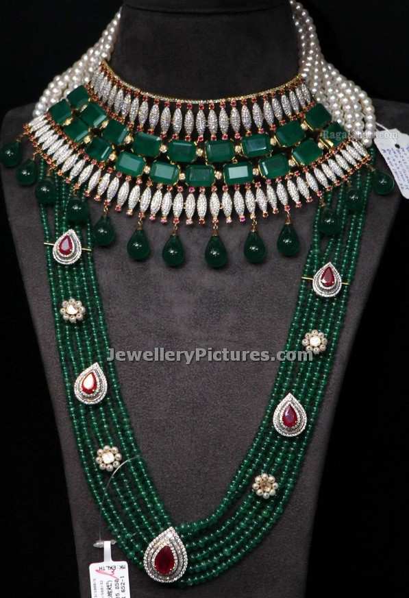 emerald beads mala with emeralds necklace combined with diamonds