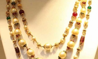 gold pearls chain designs with ruby emeralds beads