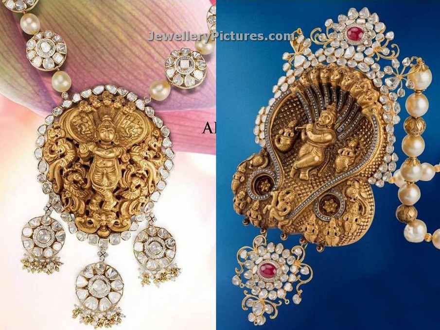 nakshi work temple gold pendants