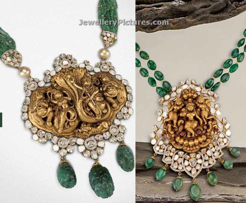 temple pendat set with flat diamonds and emeralds