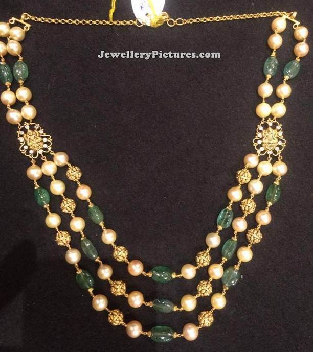 pearl chain designs traditional model in gold and emerald beads